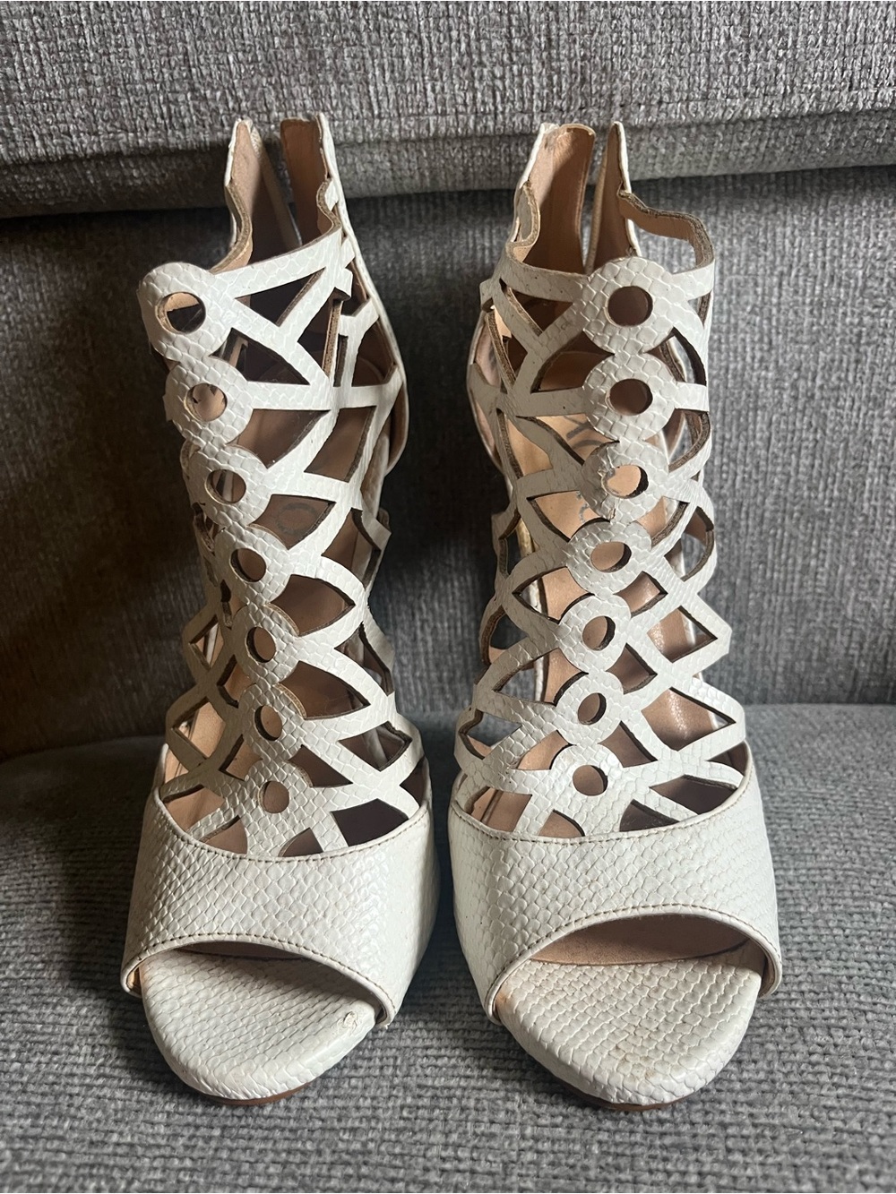 XOXO White Cutout Strappy Peep-Toe Heels